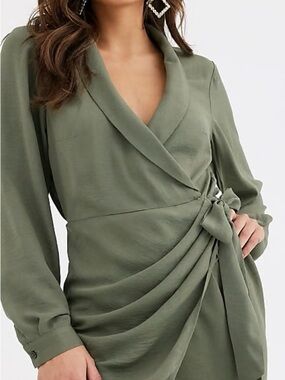 ASOS DESIGN collared wrap mini dress in khaki/olive green